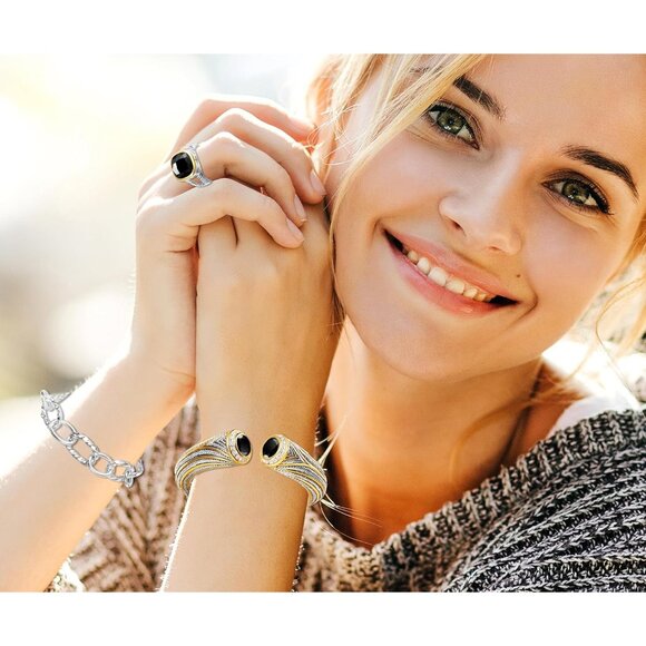 Women Gold Black Tone Elegant Designer Inspired Unique Spring Open Cuff Bangle - Picture 6 of 6